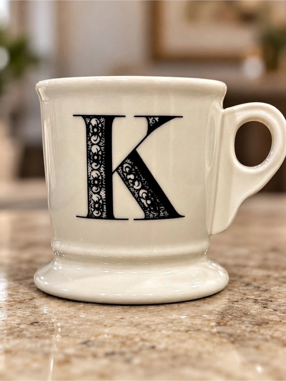 Anthropologie Monogram K Pedestal Mug | Black Floral Initial